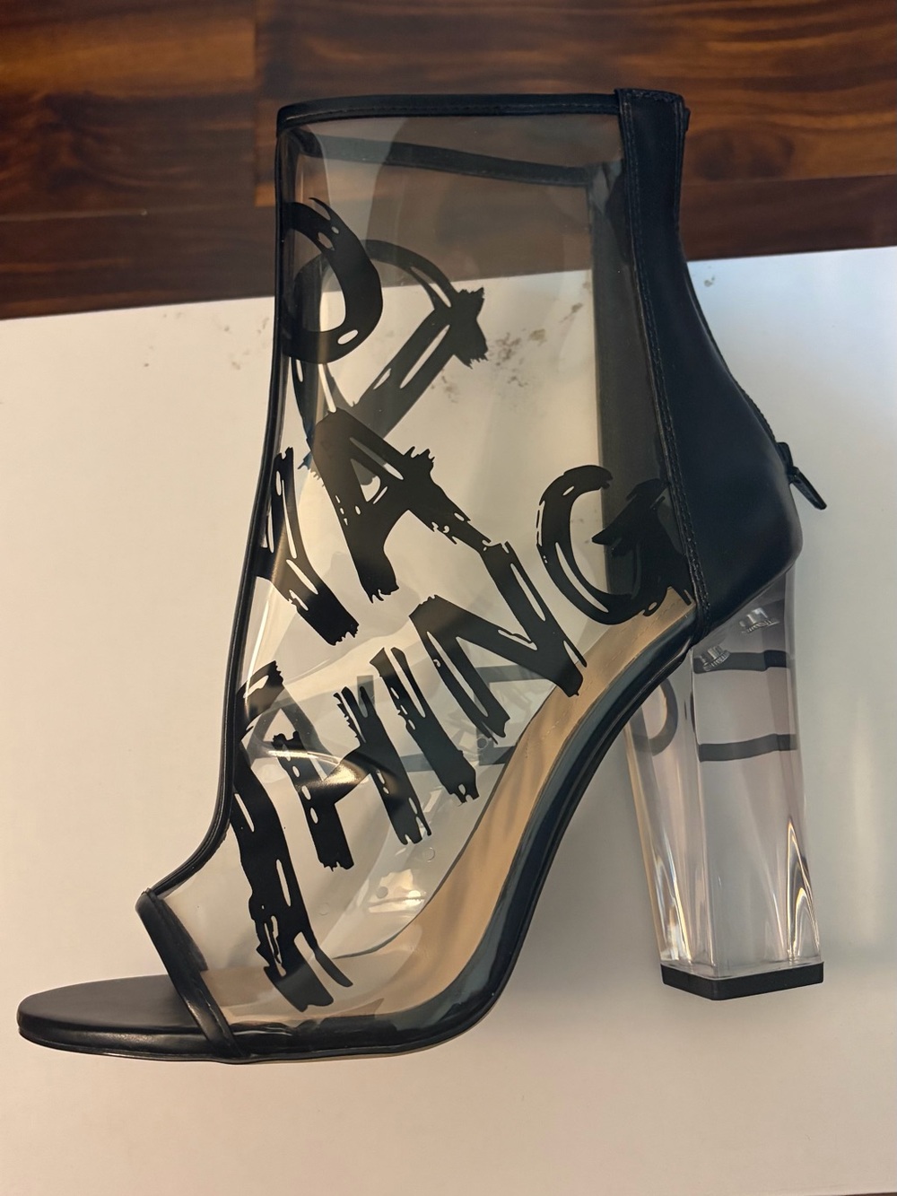 Aldo Black Clear Graphic Block Heel Ankle Bootie